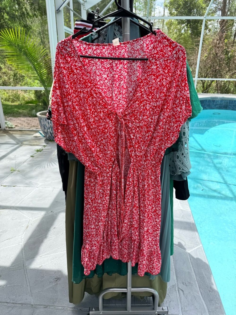 Red Floral Dress XXL Tie Front Boho Short Sleeve Flowy Summer Mini